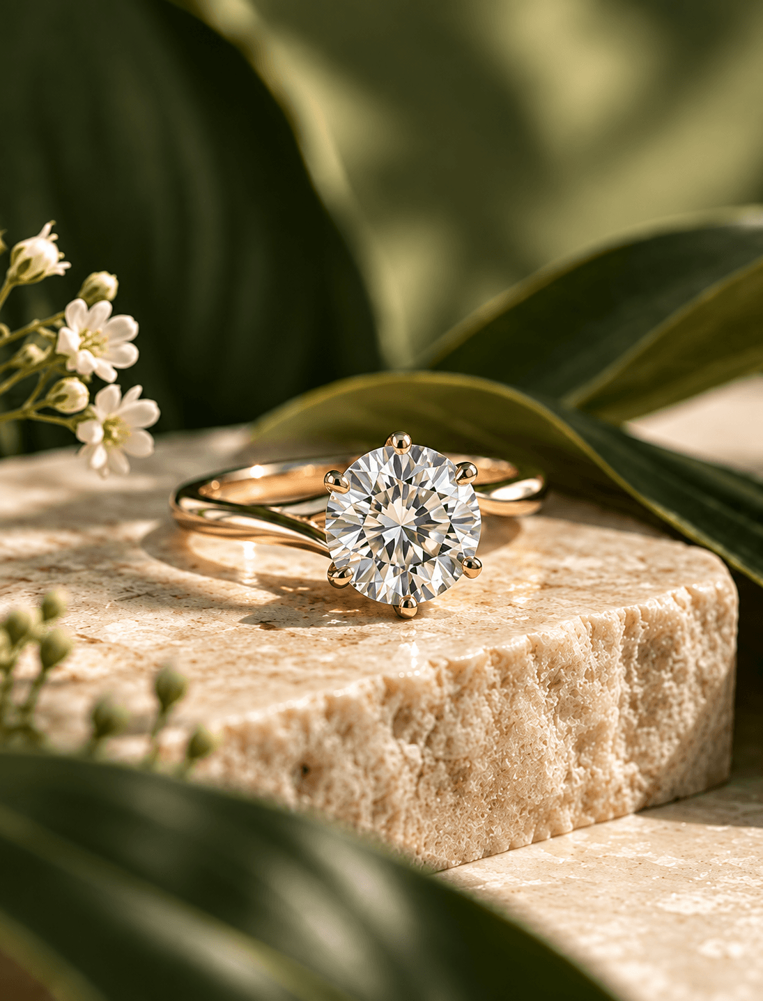Lab-grown diamond ring resting on stone